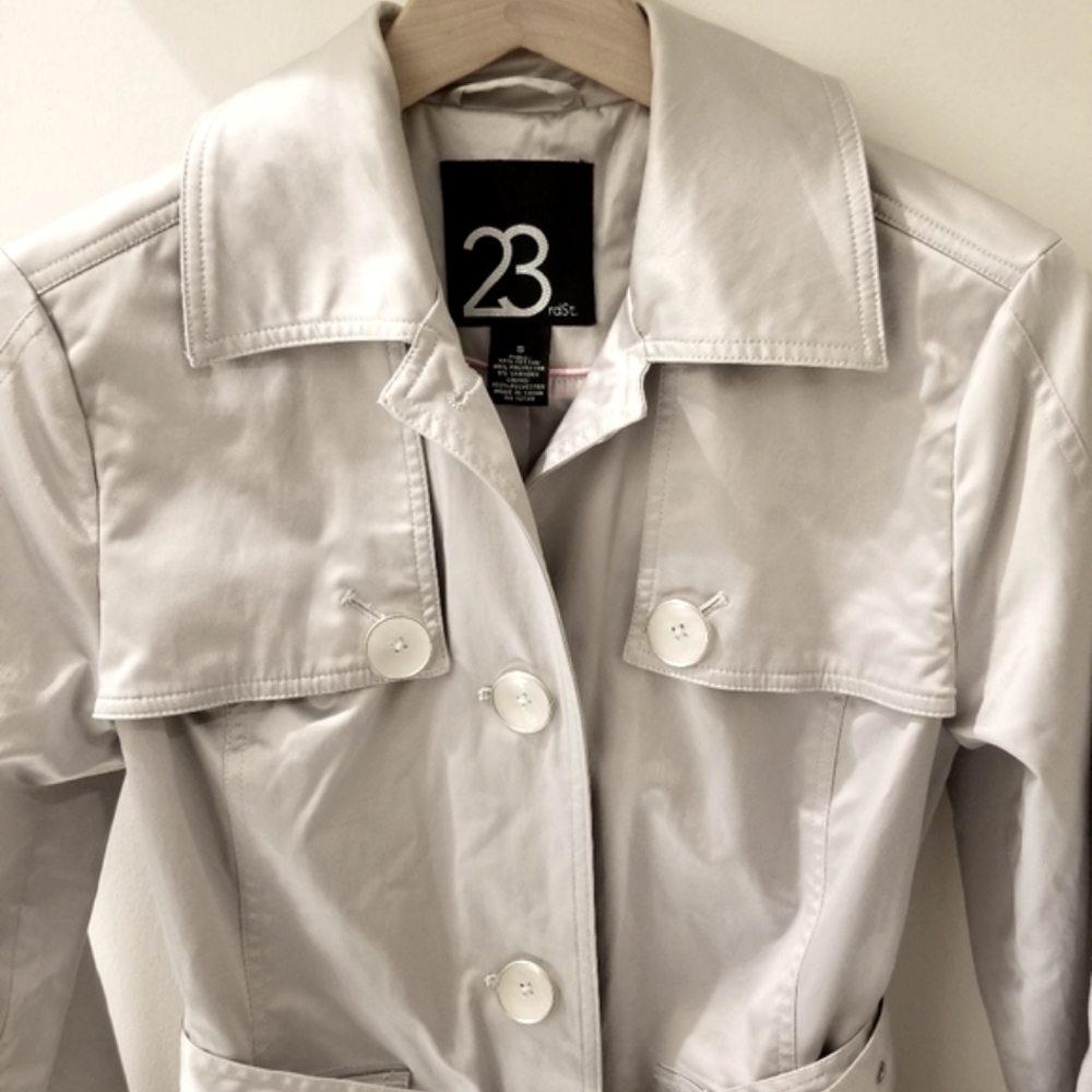 23rd St. Buttonfront Sateen Trench Coat in Light Gray Sz Small - Picture 4 of 10